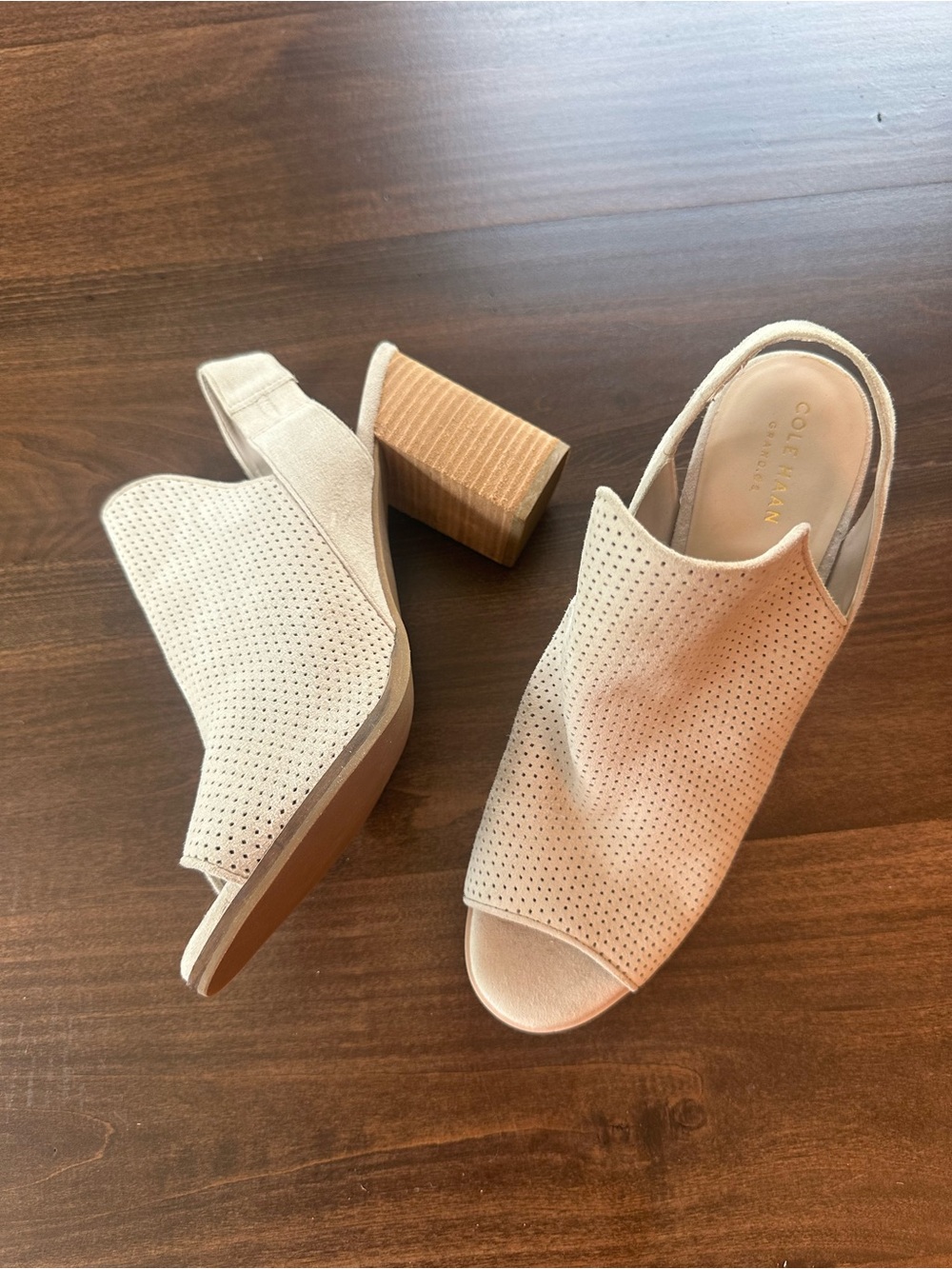 Cole Haan Nude Perforated Slingback Block Heel Mules